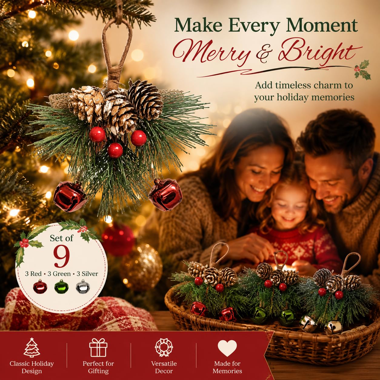 Christmas Bell Ornaments Set of 9 – Red, Green & Silver Jingle Bells with Pine Cones, Red Berries & Snowy Pine Greenery, Farmhouse Christmas Tree Decorations, Holiday Crafts & Wreath Accents, 6 Inch