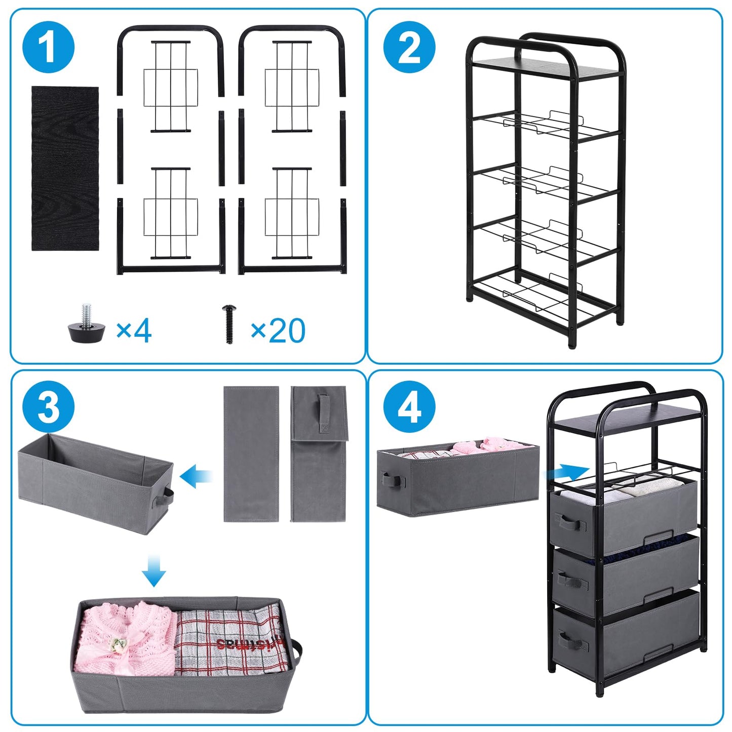 MAX Houser 4 Drawer Narrow Dresser Fabric Storage Tower Vertical Slim Storage Chest Organizer Nightstand Side/End Table Small Standing Organizer Removable Drawers Wood Top for Bedroom, Bathroom（Grey