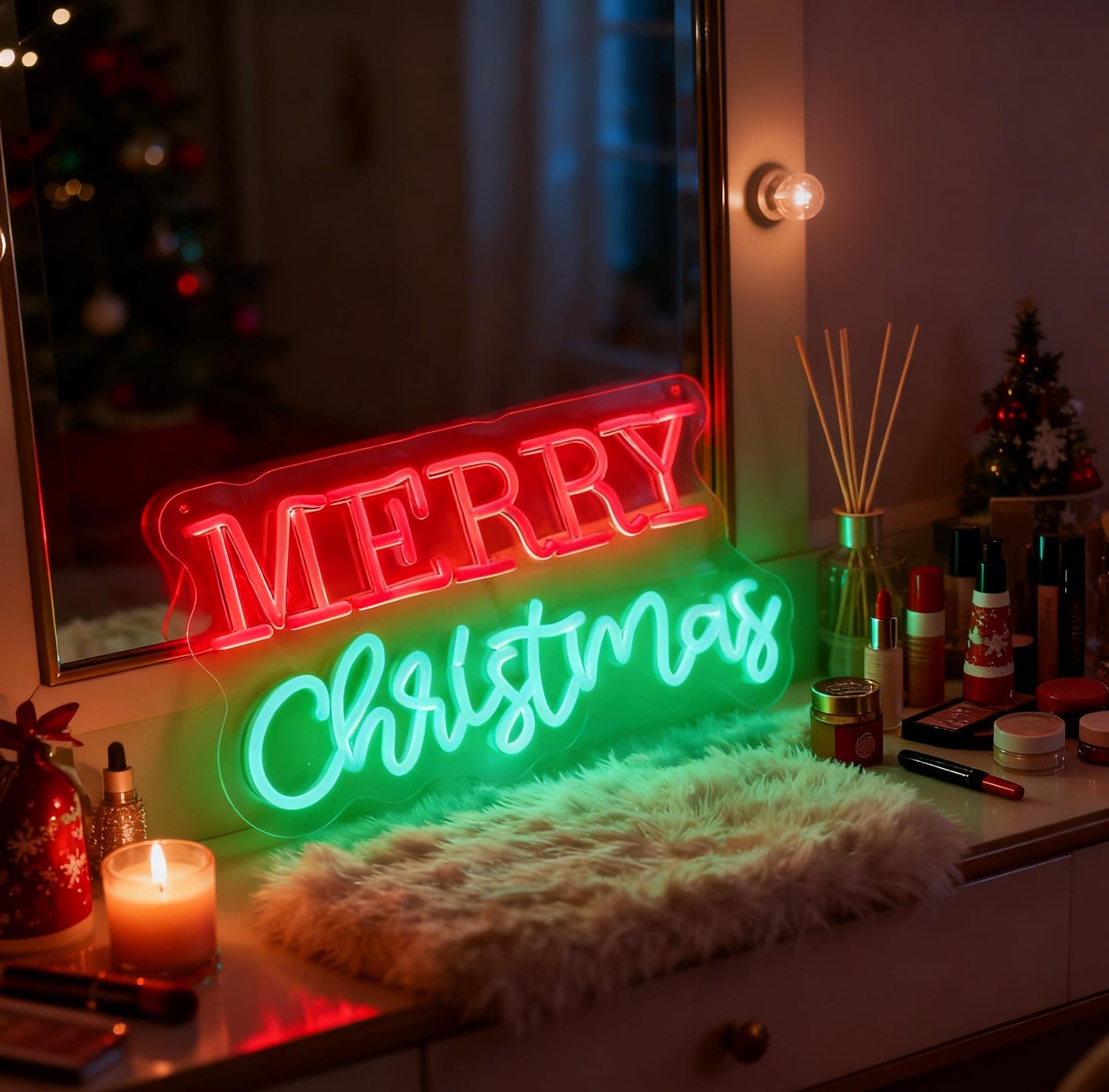 Merry Christmas LED Neon Sign, Dimmable Merry Xmas Decorative Light Holiday Theme Decor for Living Room Bedroom Party Pub Home Wall Table Festive Vibe Light Up Letters Sign, 16.5 x 7.9 In