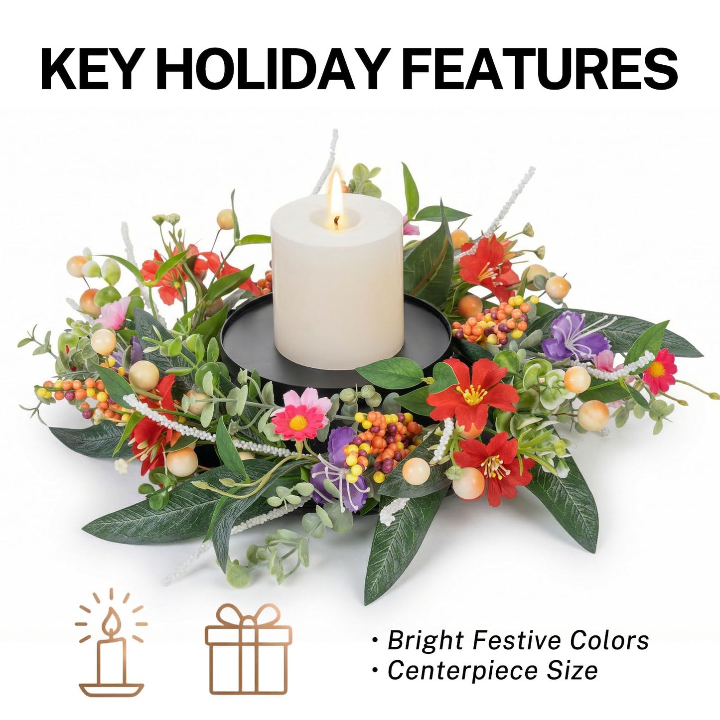 MOYEE Summer Centerpieces for Tables Wreath with Candle Holder,Candle Ring, Black Metal Candlestick with an Artificial Wreaths 14 in Versatile Dining Table Centrepiece (Red Flower Green Leaf Wreath)