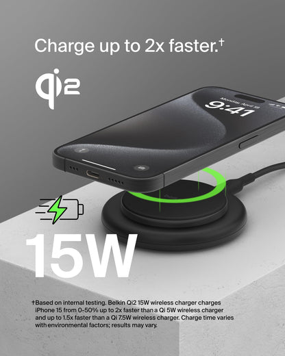 Belkin Magnetic Wireless Charging Pad 15W - MagSafe-Compatible Qi2-Certified Wireless Charging Station, iPhone Charger for Apple iPhone 16, 15, 14 Series, AirPods w/Non-Slip Base - Black (No PSU)