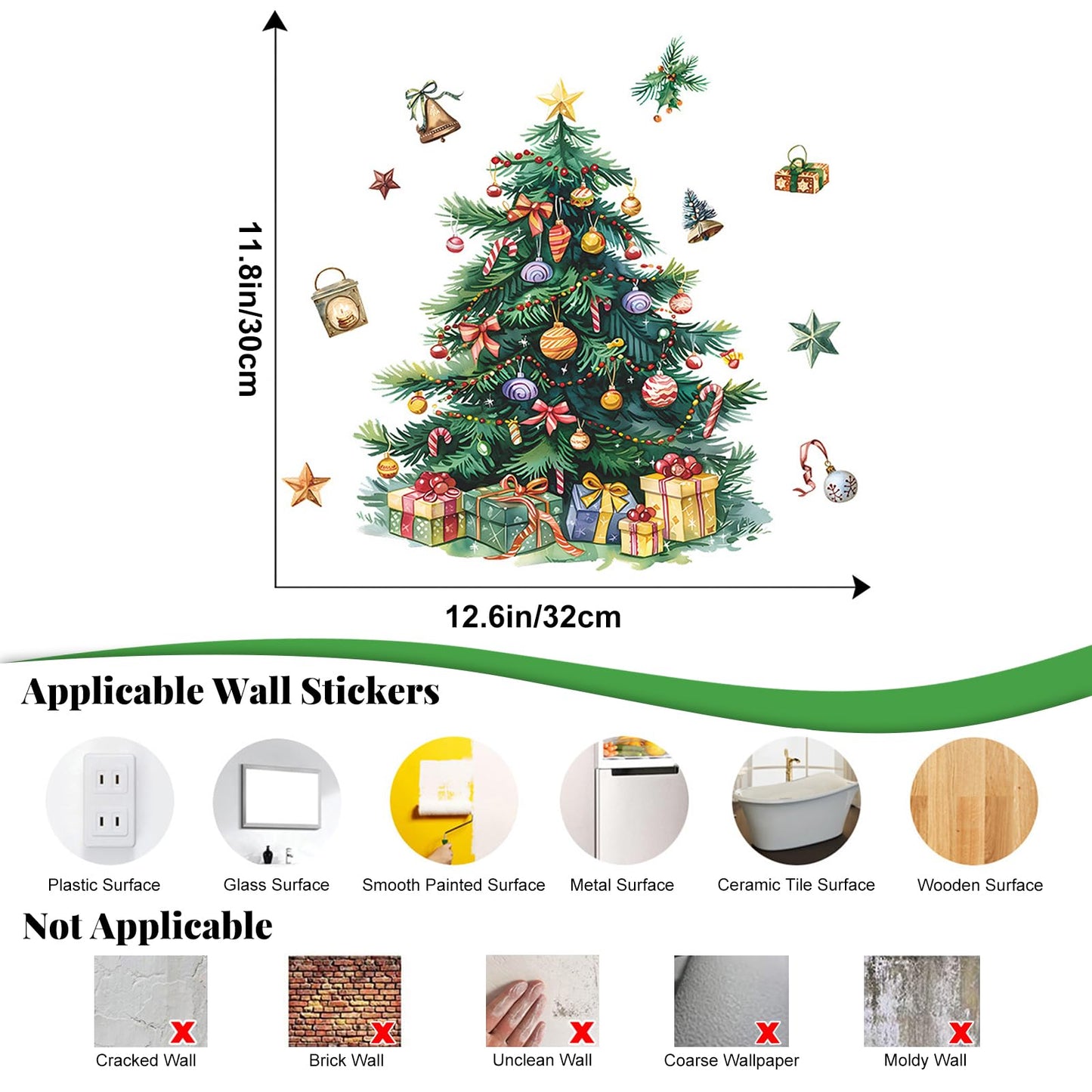 MeyRolizn Merry Christmas Tree Wall Decal, Christmas Window Clings Wall Decals Peel and Stick, Christmas Decorations Wall Stickers for Winter Room Kitchen Bathroom Party Holiday Decor (Green)