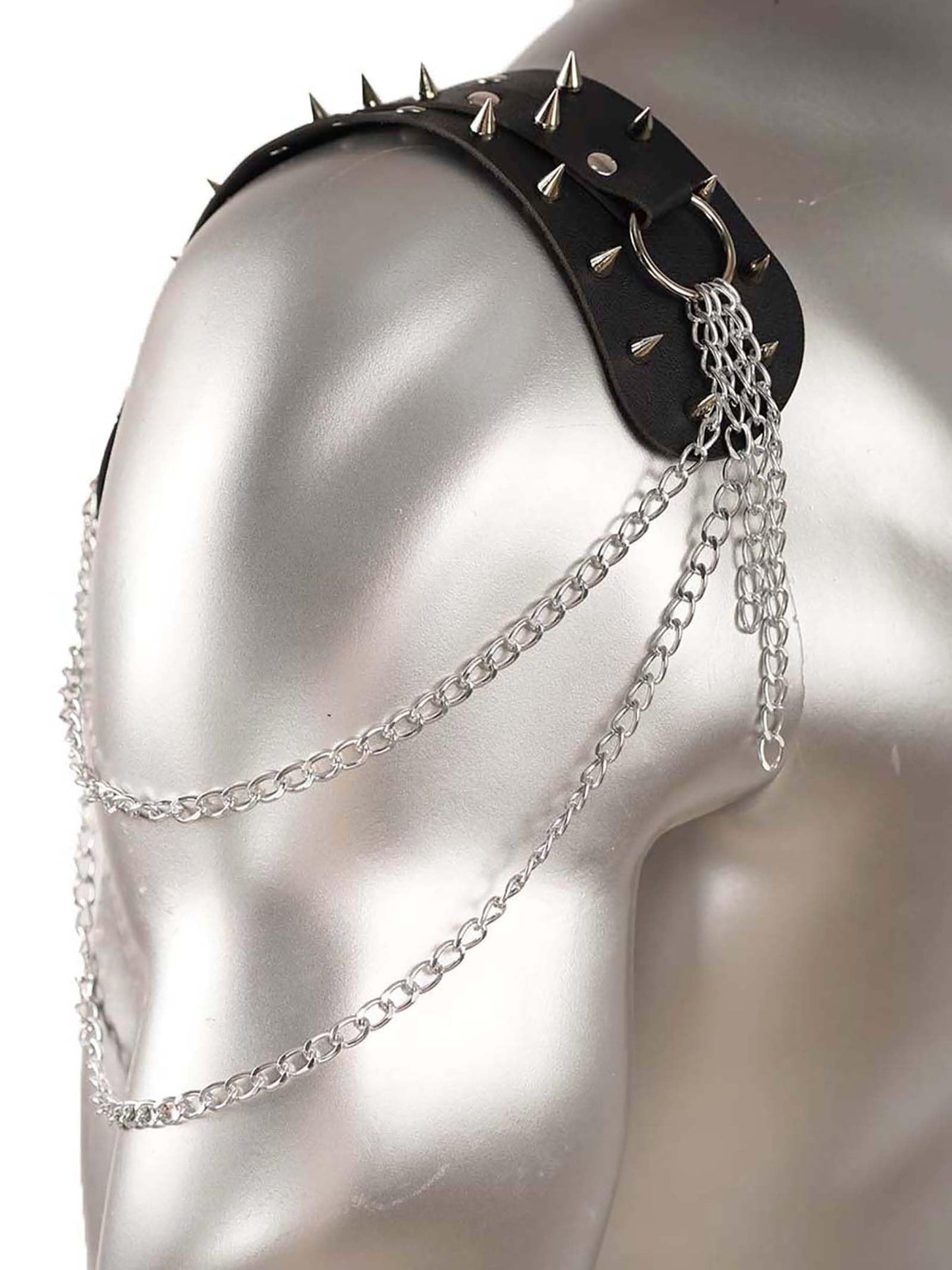 WARANDOD Men’s Faux Leather Shoulder Belt with Alloy Studs and Chain, Punk Gothic Single Shoulder Decorative Harness (Fixed Size)