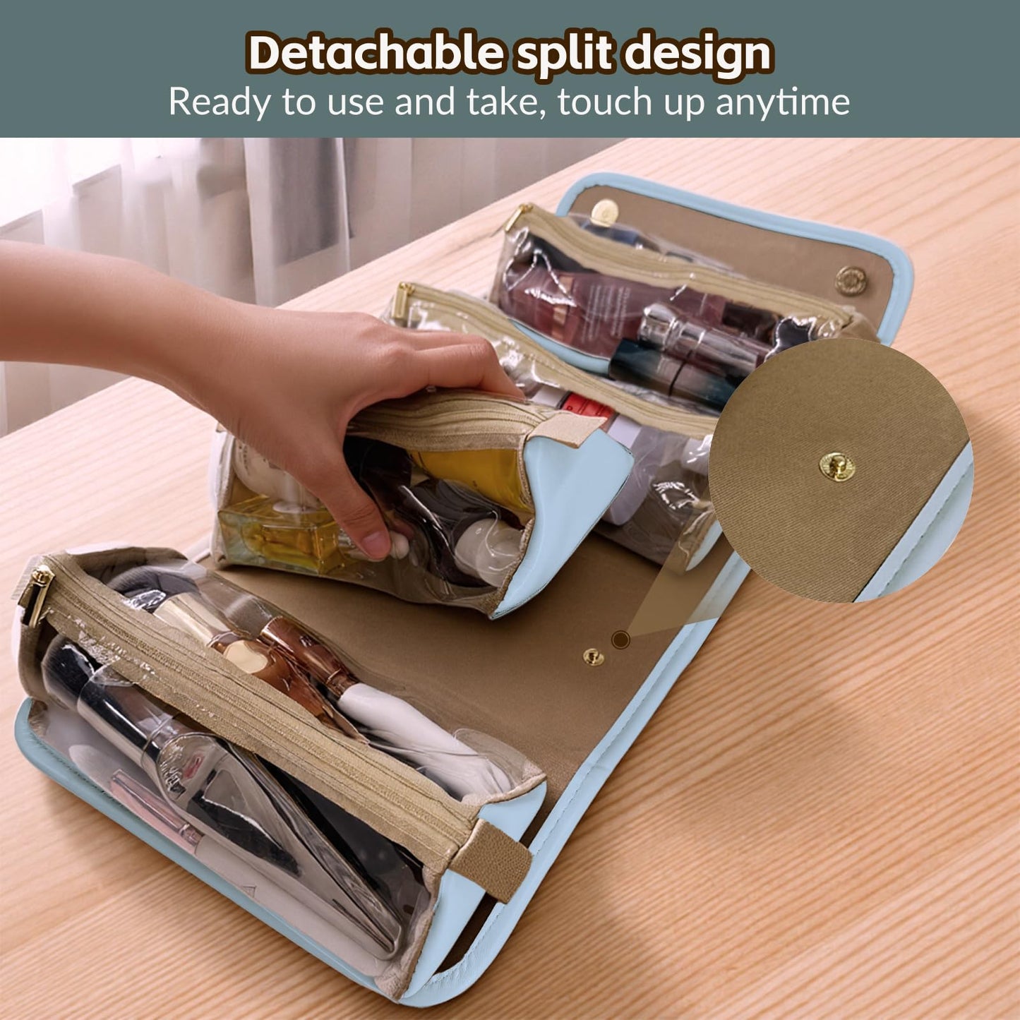 YDR Travel Makeup Bag,Capacity Cosmetic Bag for Women Portable Pouch Case Toiletry Bag 4-in-1 Roll-Up Makeup Bag Storage Organizer With 4 Detachable Removable