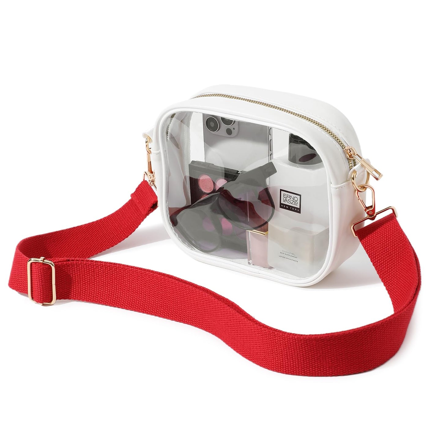 TOBVZOO Clear Purse Crossbody Bag for Women Stadium Approved, Small Leather Clear Bag with Adjustable Strap for Concert Sports Events (White - Red Striped Strap)