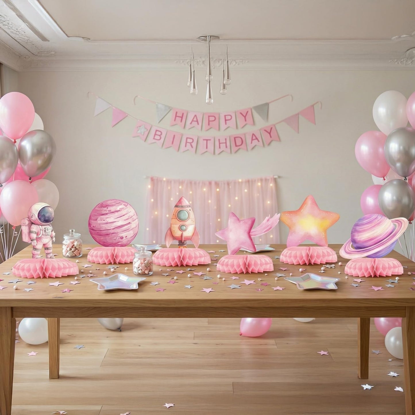 12 Pcs Pink Space Baby Shower Decorations for Girl - Outer Space Girl Party Supplies - Pink Astronaut Rocket Moon Star Centerpieces for Tables - Galaxy Honeycomb Table Decor for Baby Shower