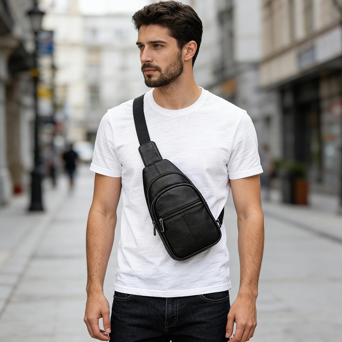 Small Leather Sling Bag Crossbody for Men Women One Strap Shoulder Cross Body Bag Sling Backpack for Travel, 9342 Black