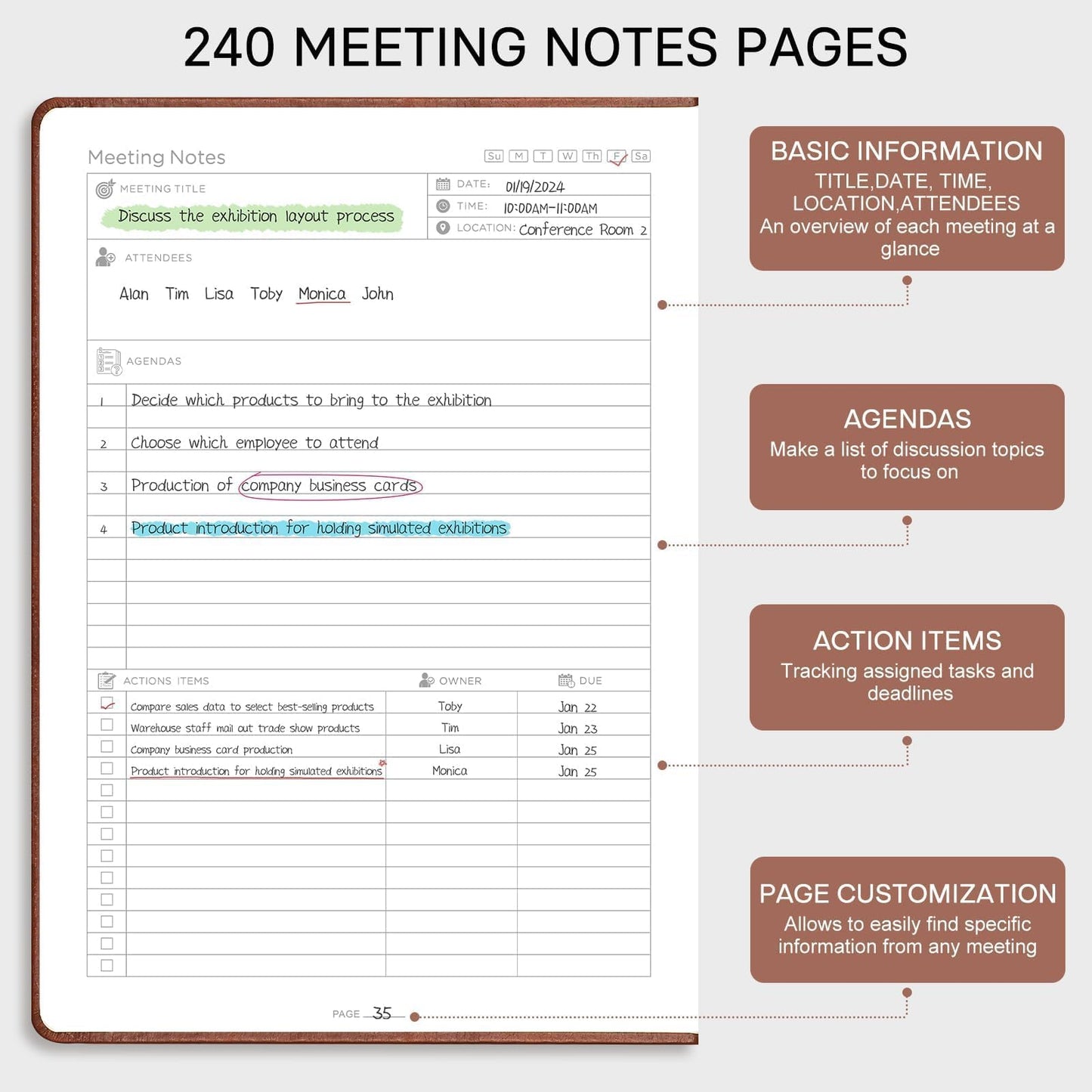 EMSHOI Meeting Notebook for Work with Sticky Tabs - 240 Pages, A4 Size Project Planner, PU Leather Meeting Agenda/Minutes Organizer for Women Men, Note Taking, Office & Business, 8.3"x11.7", Coffee