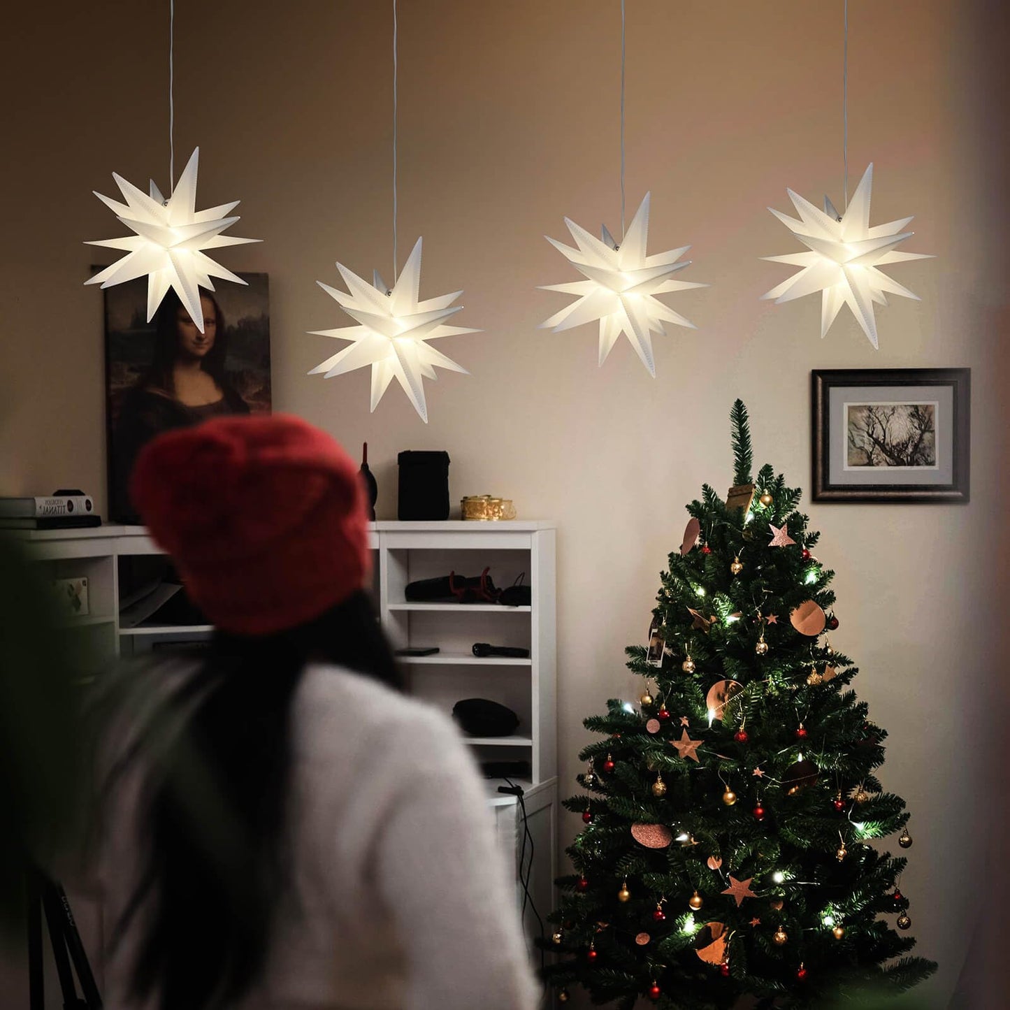 Leejec 9.4" Moravian Star Outdoor Light with Remote Control, Christmas Decorations, Indoor Hanging, Warm White LED Light, Battery Operated with Timer Function, 4-Pack, Tree, Ceiling, Balcony Décor