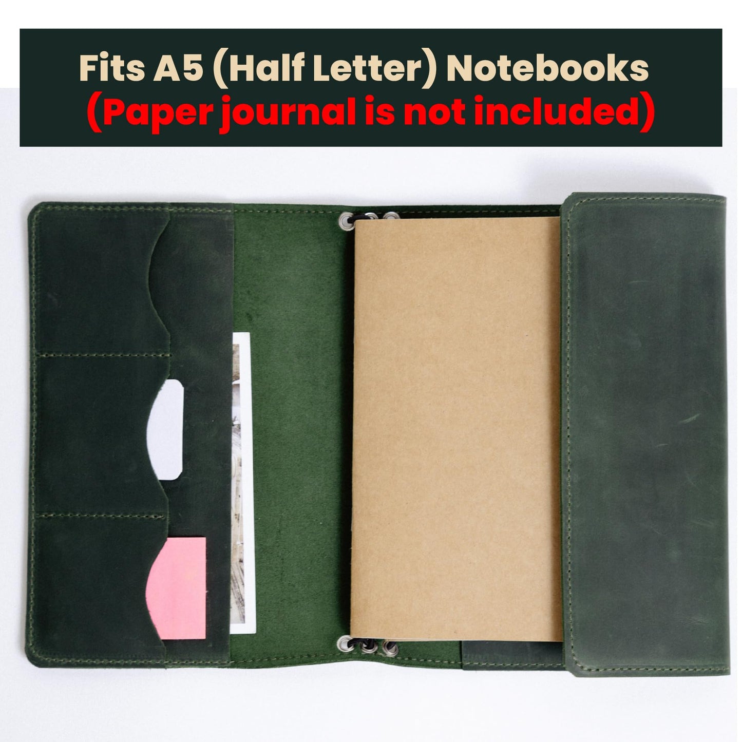 OMBUO Full-Grain Leather A5 Journal Cover – Refillable Traveler’s Notebook Case with 3 Elastic Bands, Pen Loop & Card Pockets – Fits A5/Half-Letter Inserts (Paper Not Included), Green