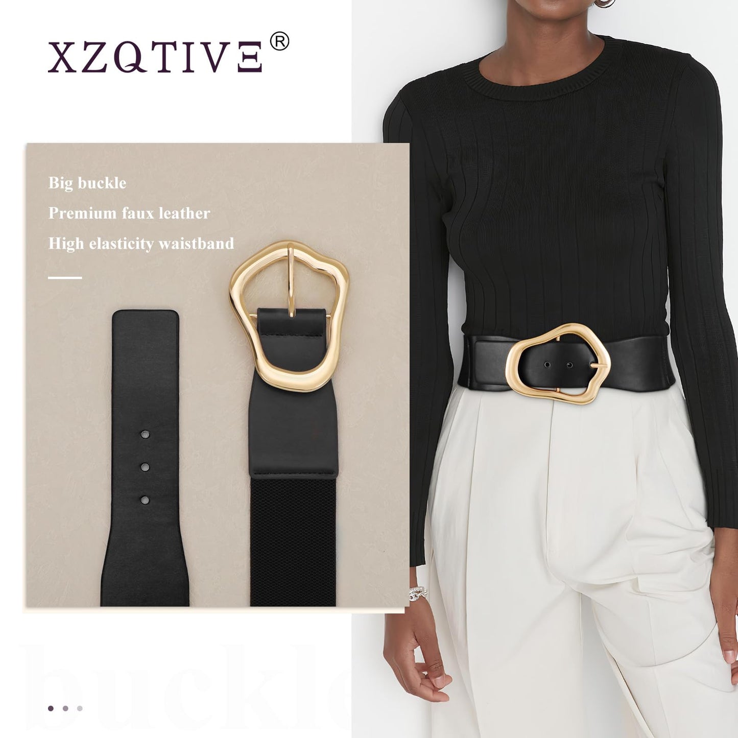 XZQTIVE Women Wide Elastic Waist Belt for Dresses Fashion Big Gold Buckle Stretchy Leather Waistband for Ladies, Black, 100cm