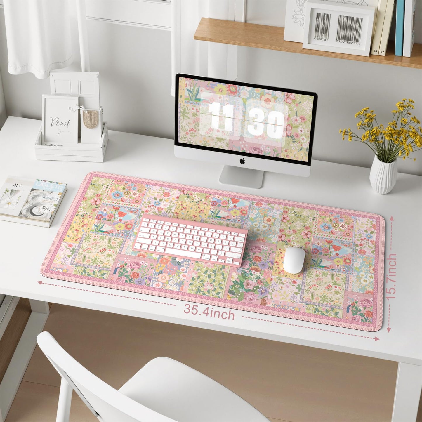 iCasso Pink Desk Mat for Keyboard and Mouse, Large Mouse Pad, Floral Desk Pad, Anti-Slip XXL Big Mousepad with Stitched Edges for Computer