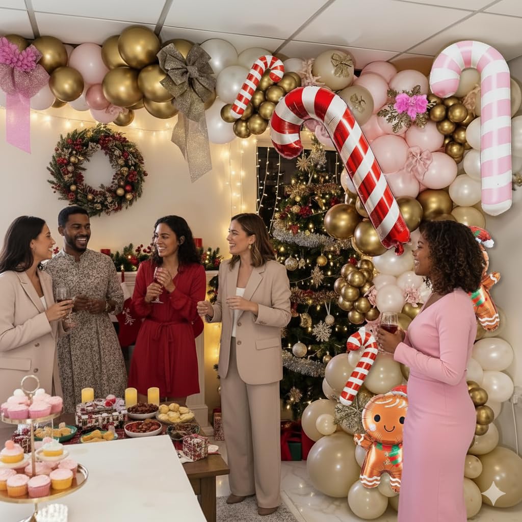 138PCS Pastel Pink Beige Christmas Balloon Arch Kit, Dusty Baby Pink Pearl Ivory White Cream Metallic Gold Balloon Arch Set with Candy Cane Gingerbread Foil Balloos for New Year Xmas Party Decorations