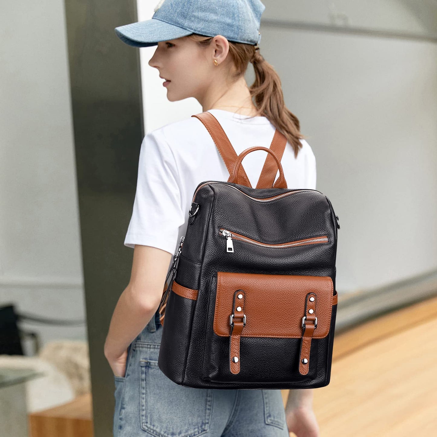 Over Earth Genuine Leather Backpack Purse for Women Fashion Shoulder Bag Ladies Crossbody Handbag(O188E Black/Brown RP)