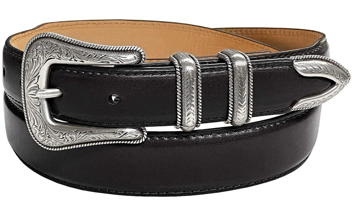 Belts.com Brenton_Genuine Full-Grain Cowhide Leather Dress Belt with Western Silver Plated Buckle Set (Smooth Black, 32)