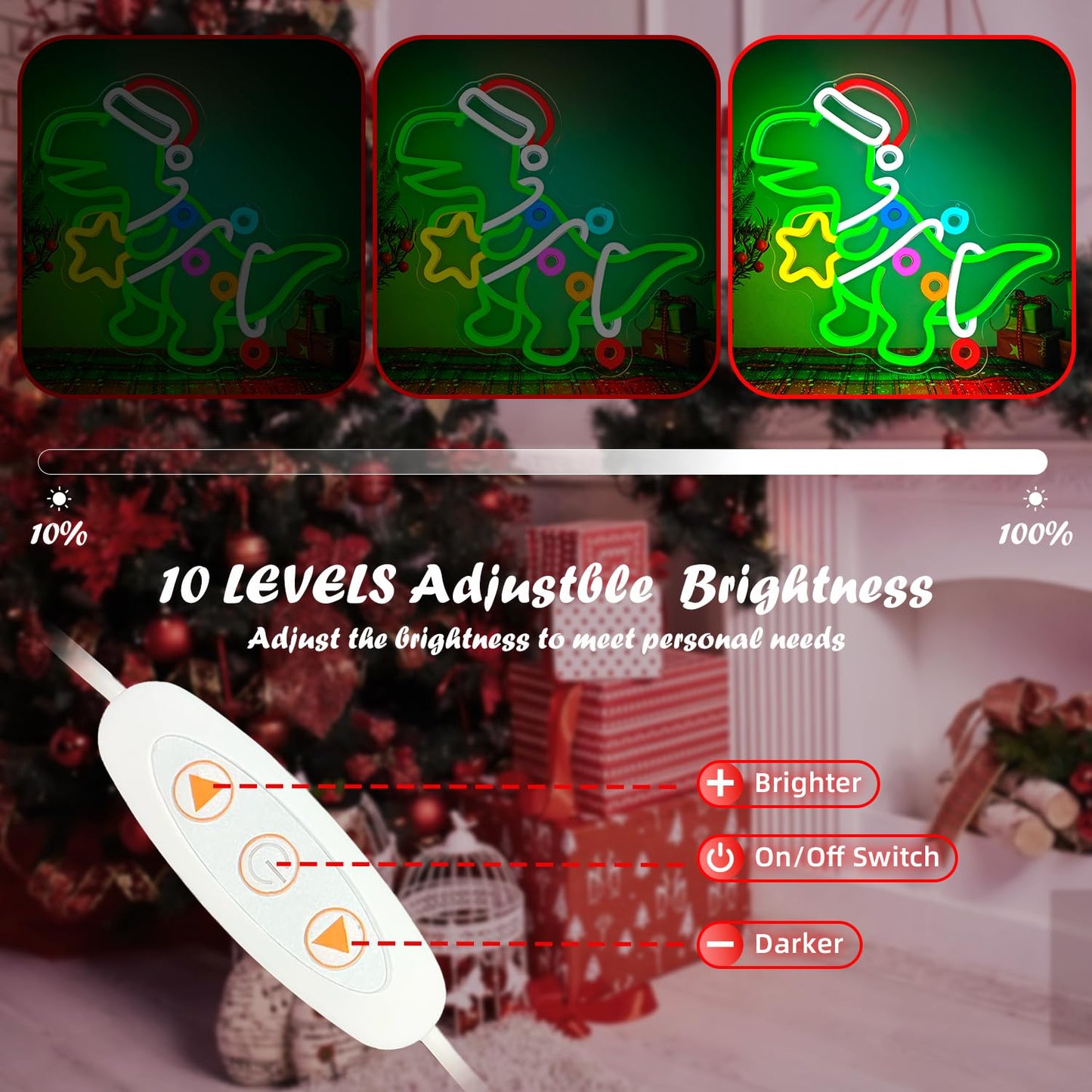 Jeanchrl Christmas Dinosaur Neon Sign Green Dinosaur Ornament LED Sign for Kids Bedroom Dimmable Dino Christmas Light Up Sign for Tree Windows Game Room Unique Neon Wall Art Decorations Gifts for Teens