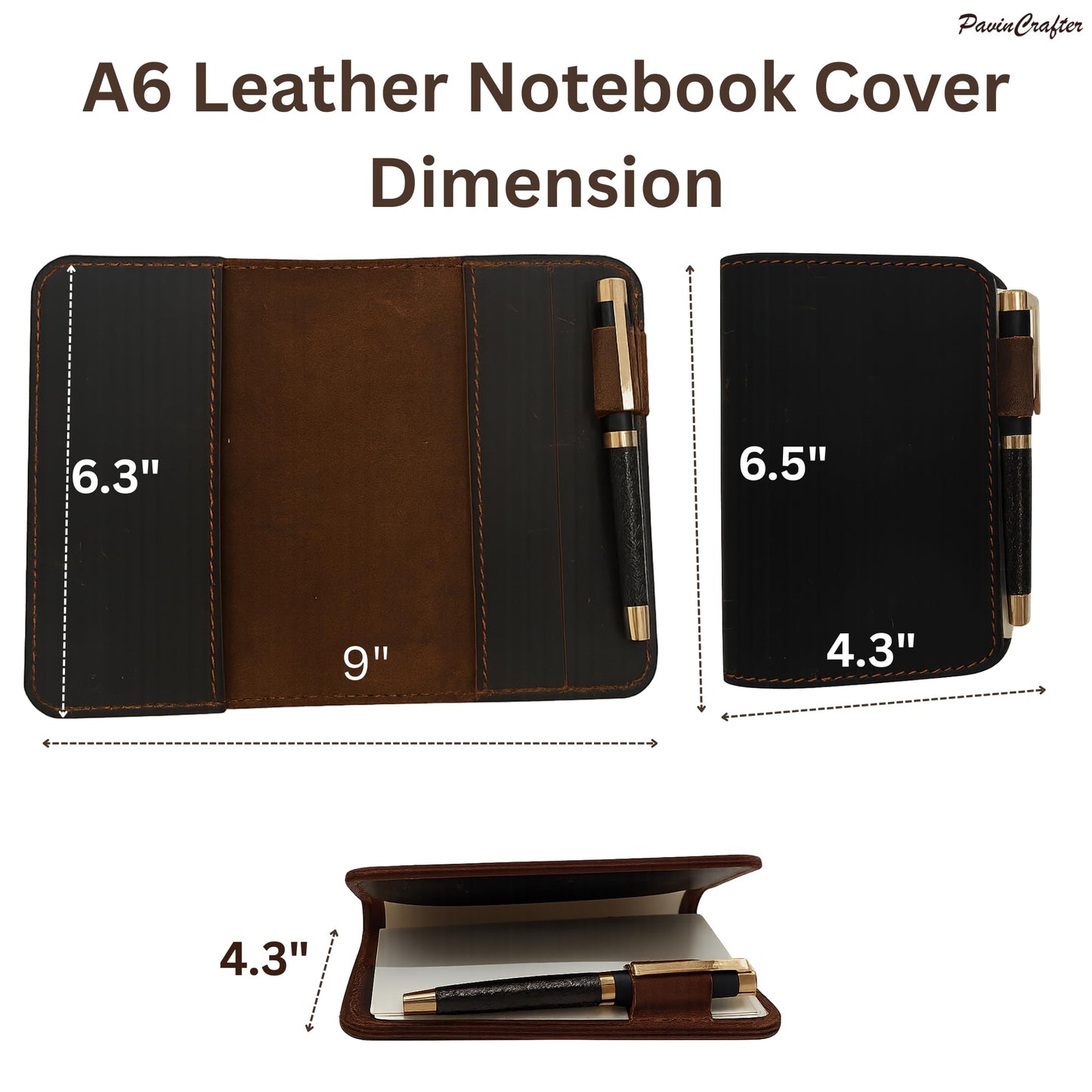PavinCrafter Handmade Leather A6 Notebook Cover Compatible for Leuchtturm 3.6 x 5.9 in, Refillable Travel Journal Case for Men & Women, Compatible with Moleskine Hobonichi Pocket Planner (Dark Brown)