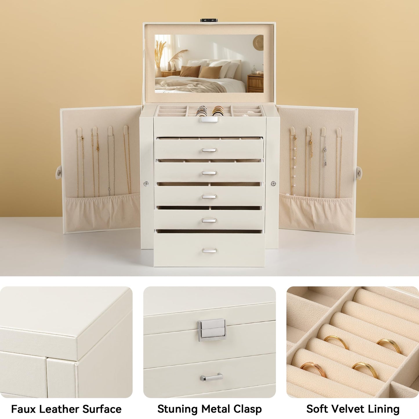 Frebeauty Large Jewelry Box,6-Tier PU Leather Jewelry Organizer,Multi-functional Storage Case with Mirror,Accessories Holder with 5 Drawers for Necklace Bracelets Watches(Pearl White)