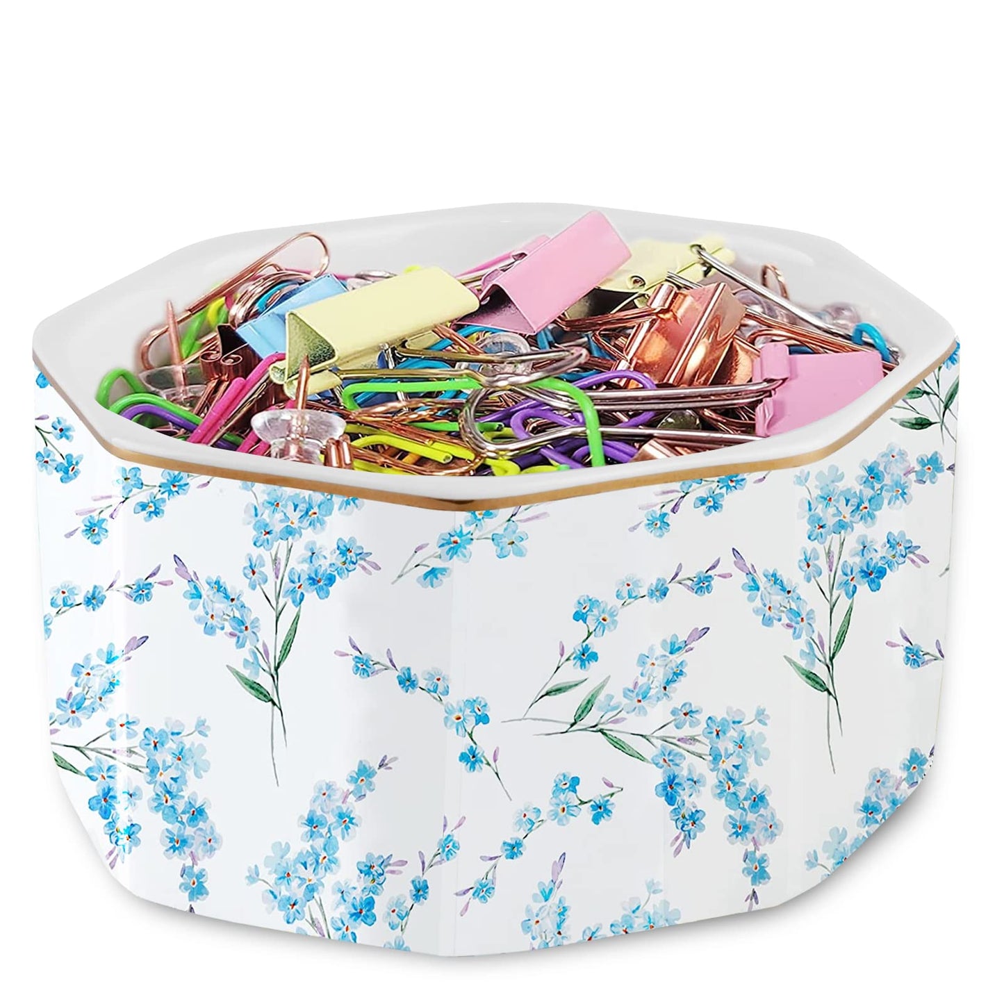 LEAZUL Ceramic Paper Clip Holder Gold Line Paper Clip Dispenser Organizer for Desk Cute Floral Pattern Office Binder Clip Holder Bobby Pin and Hair Clip Holder Gift for Office Blue Flowers
