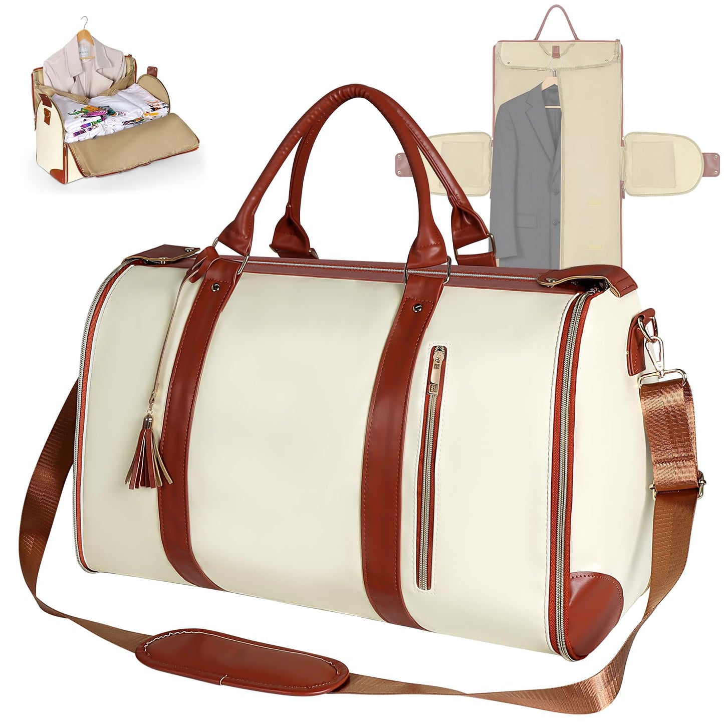 Geestock Garment Bag for Travel, Convertible Carry On Garment Duffle Bags for Women with Shoe Pouch & Detachable Shoulder Strap, Large PU Leather, 2 in 1 Hanging Suitcase Dress Suit Travel Bag, Beige