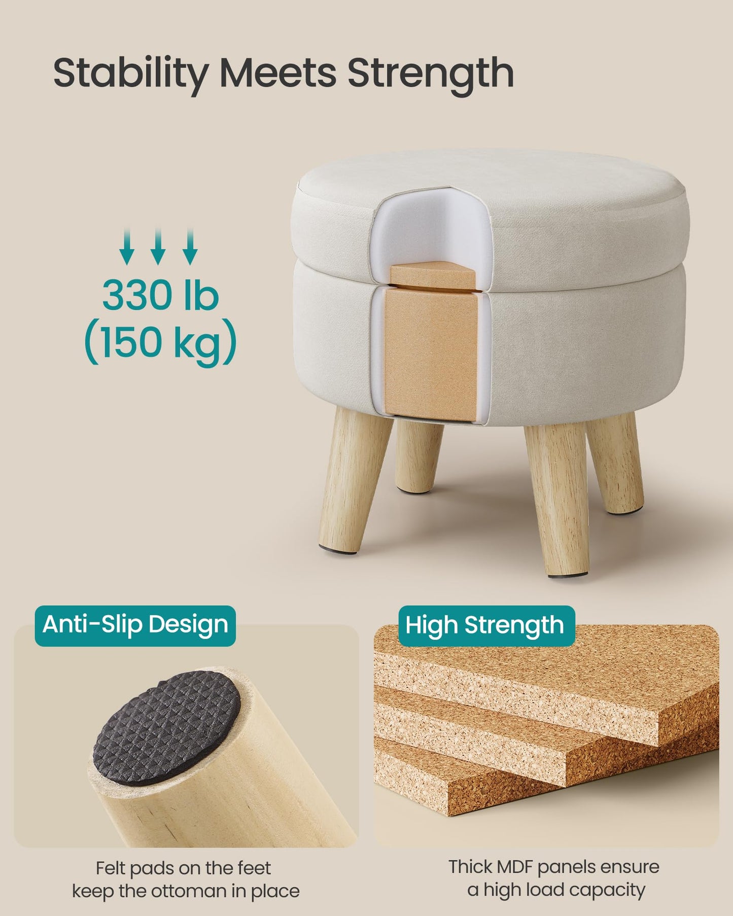 SONGMICS Storage Ottoman, Foot Stool, Round Ottoman with Padded Seat, Foot Rest with Wood Legs, Small Table, for Hallway, Living Room, 12.2 Inches, Velvet, Cream White ULOM513LH01