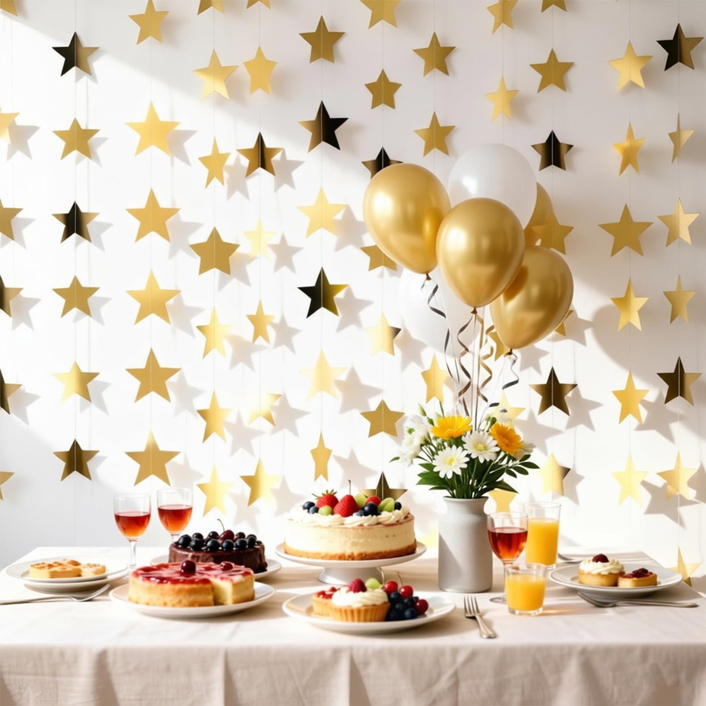 10 Pack Gold Star Garland 130FT Hanging Star Decorations, Double Sided Glitter Star Banner Streamers, Paper Star Garland for Party Wedding Birthday Graduation Ceiling Wall Decor