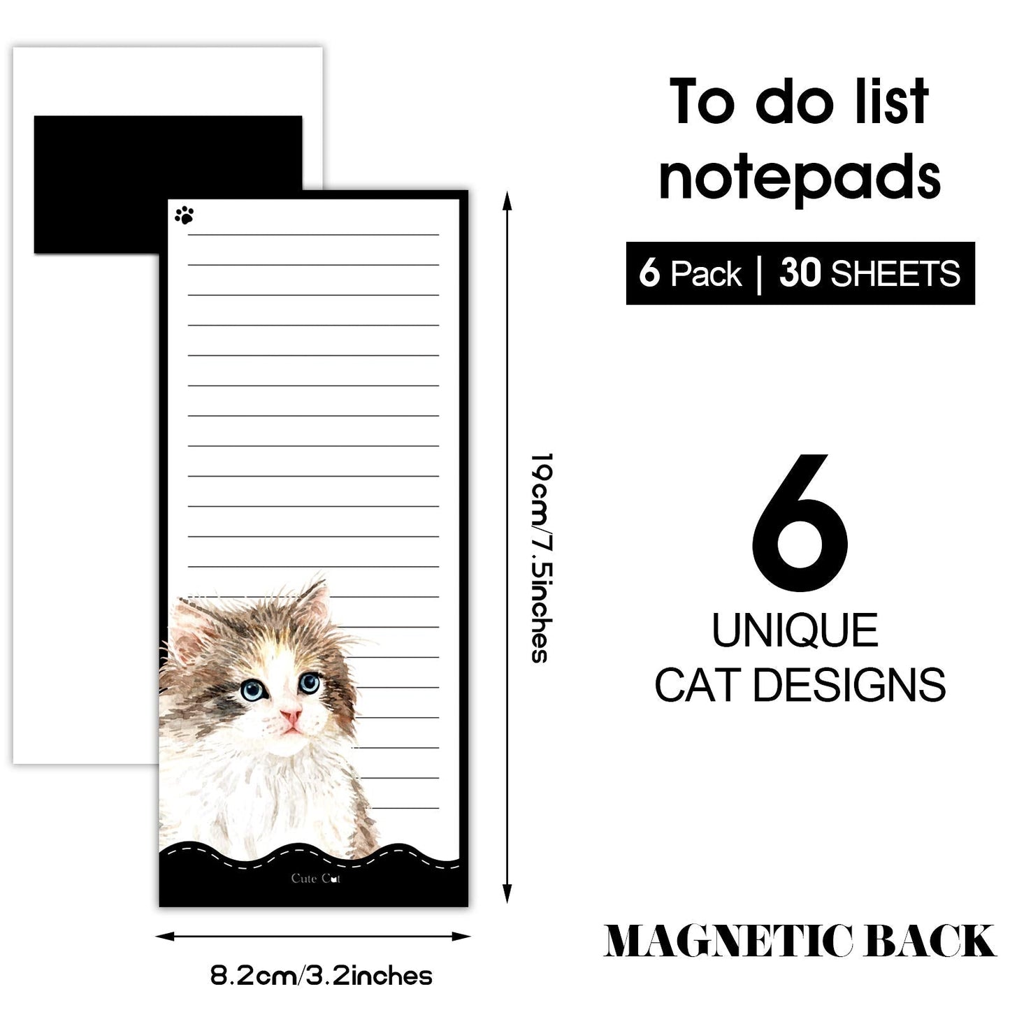 Zonon 6 Pack Cats Magnetic Notepads for Fridge To Do List Magnetic Back Memo Pad Reminders Notepads for Fridge, Grocery, Shopping, Reminders, 30 Sheets Per Pad, 7.5 x 3.2 Inch(Cat)