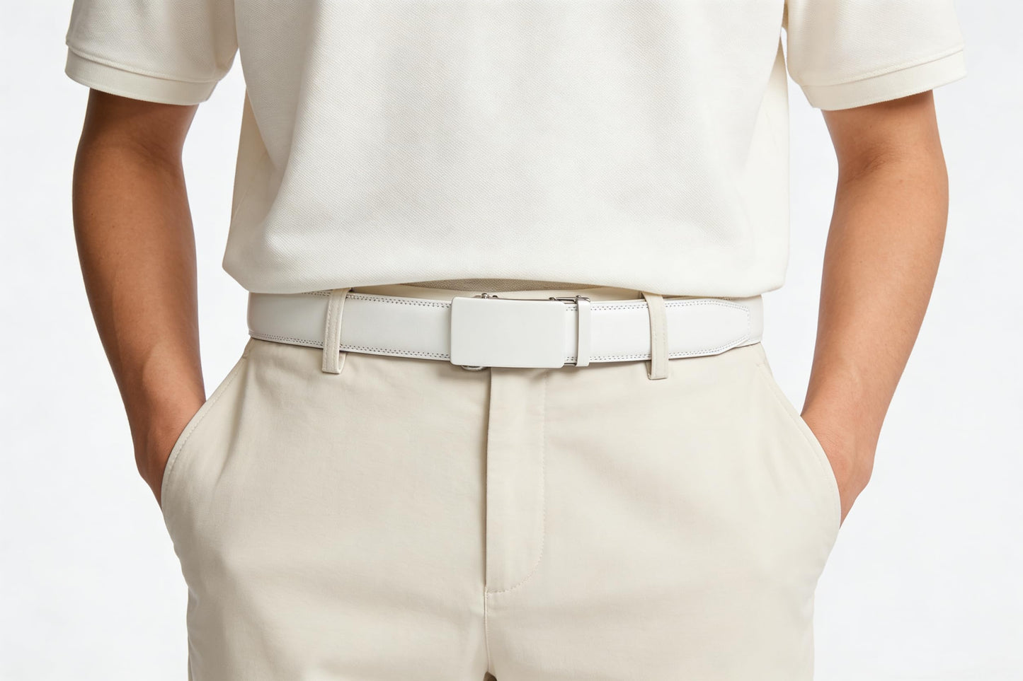 Lingli White Belt for Men Ratchet Dress Belt with Automatic Buckle -Trim to Fit-35mm wide-0051-110-White