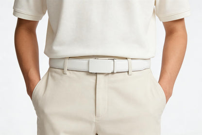 Lingli White Belt for Men Ratchet Dress Belt with Automatic Buckle -Trim to Fit-35mm wide-0051-110-White