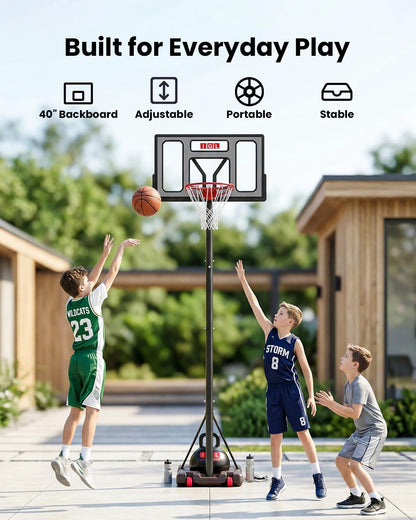 IGL Portable Basketball Hoop for Backyard, Driveway | 3-10ft Adjustable Height for Kids Teens & Adults | 40" Polycarbonate Backboard, Fillable Base for Stability & Easy Mobility on Wheels