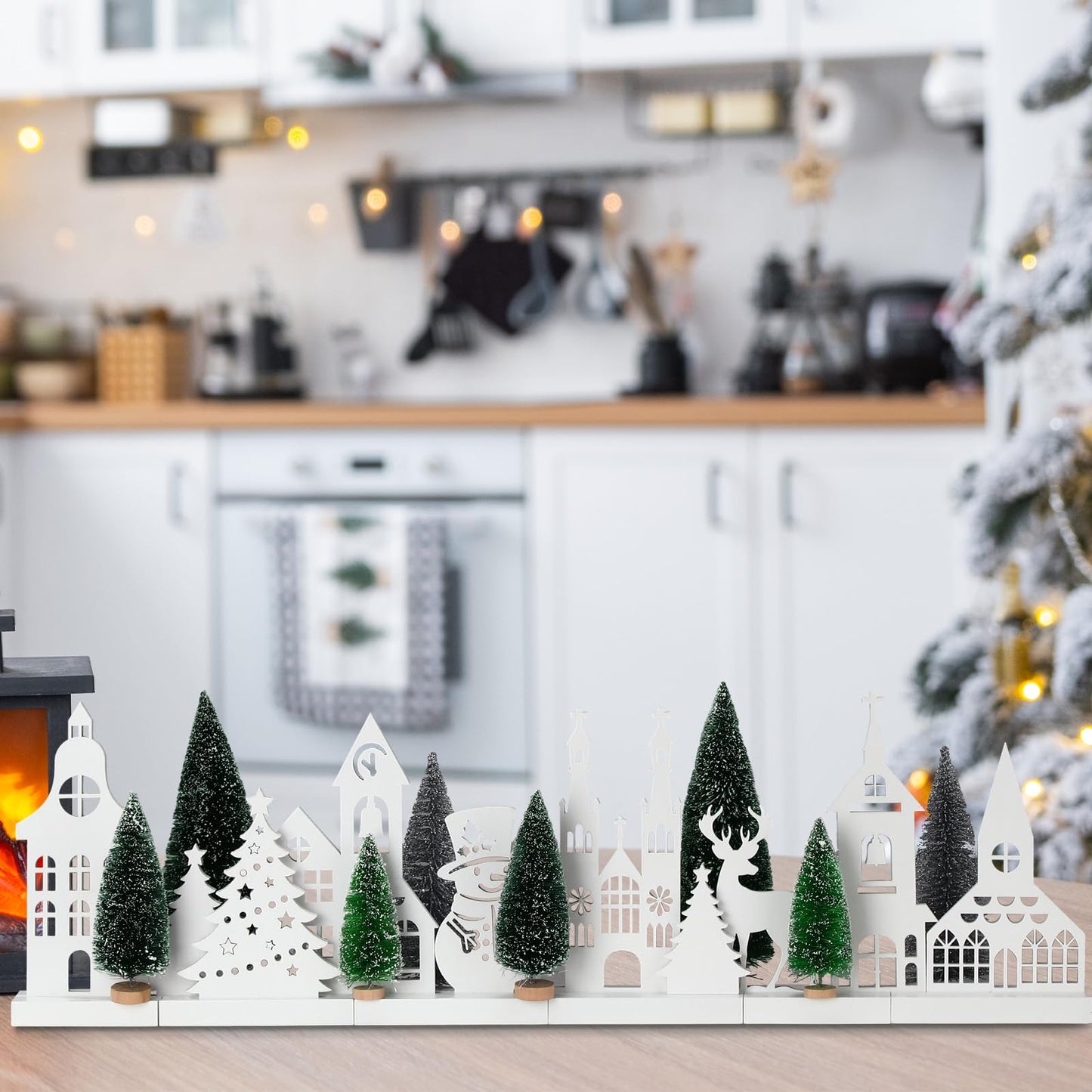 Kathfly 16 Pcs Christmas Village Set with White Base Christmas Village Houses Include Wooden Houses Tree Elk Cedar Pine and Snowmen Farmhouse Tabletop Decor for Decorative Signs Plaques Centerpieces