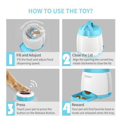 PETGEEK Automatic Dog Feeder/Treat Dispenser with Rechargeable Button Remote Control, Interactive Dog Food Puzzle & Stimulation Toys, 400ml Capacity Pet Dispensing Toy for Indoor/Outdoor Play