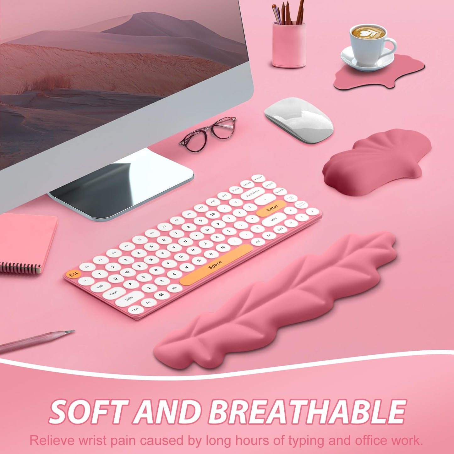 Leather Keyboard Wrist Rest Set, Wrist Rest for Keyboard and Mouse,Wrist Rest with Non-Slip PU Base, Comfortable Memory Foam Ergonomic Wrist Support Pad Arm Cushion for Computer Laptop Mac, Hot Pink