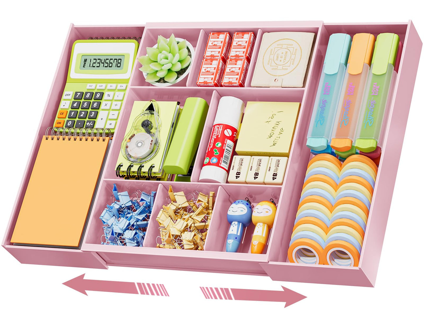 Marbrasse Expandable Desk Drawer Organizer, Clear Plastic Drawer Organizer Tray with 10 Adjustable Compartments, Desk Organizers and Accessories, 5 Drawer Dividers for Office Supplies, Makeup (Pink)