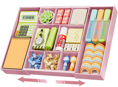 Marbrasse Expandable Desk Drawer Organizer, Clear Plastic Drawer Organizer Tray with 10 Adjustable Compartments, Desk Organizers and Accessories, 5 Drawer Dividers for Office Supplies, Makeup (Pink)