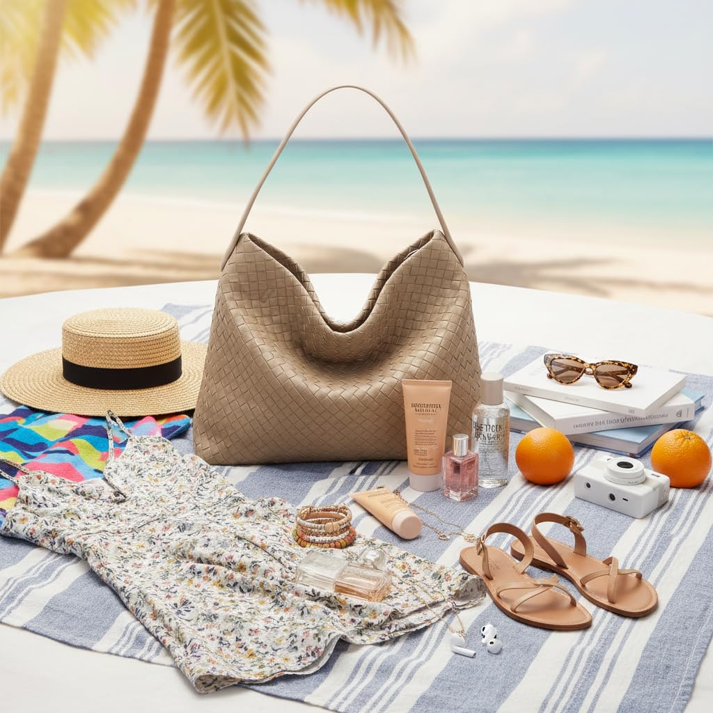 Woven Tote Womens Shoulder Handbags: Vegan Leather Crossbody Bag - Elegant Satchel Purse for Travel - Daily Bucket Bags (Khaki)