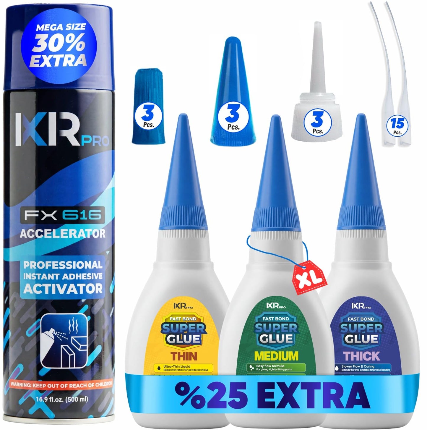 CA Glue with Activator Kit - 3 x 1.75 oz (Thin, Medium, Thick) + 16.9 fl oz Accelerator Spray, Cyanoacrylate Super Glue for Woodworking, 3D Printing, Plastic, Guitar Repair & Hobby Projects