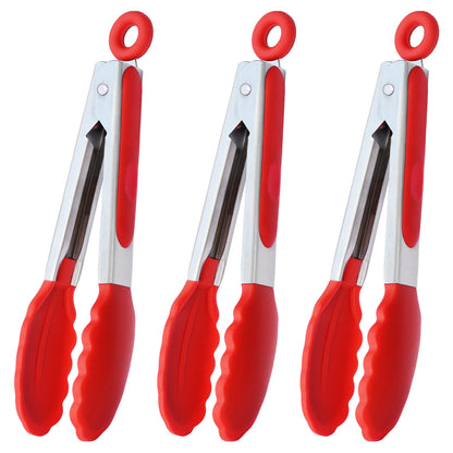 Small Silicone Tongs 7-Inch Mini Serving Tongs, Set of 3 (Black Gray White)