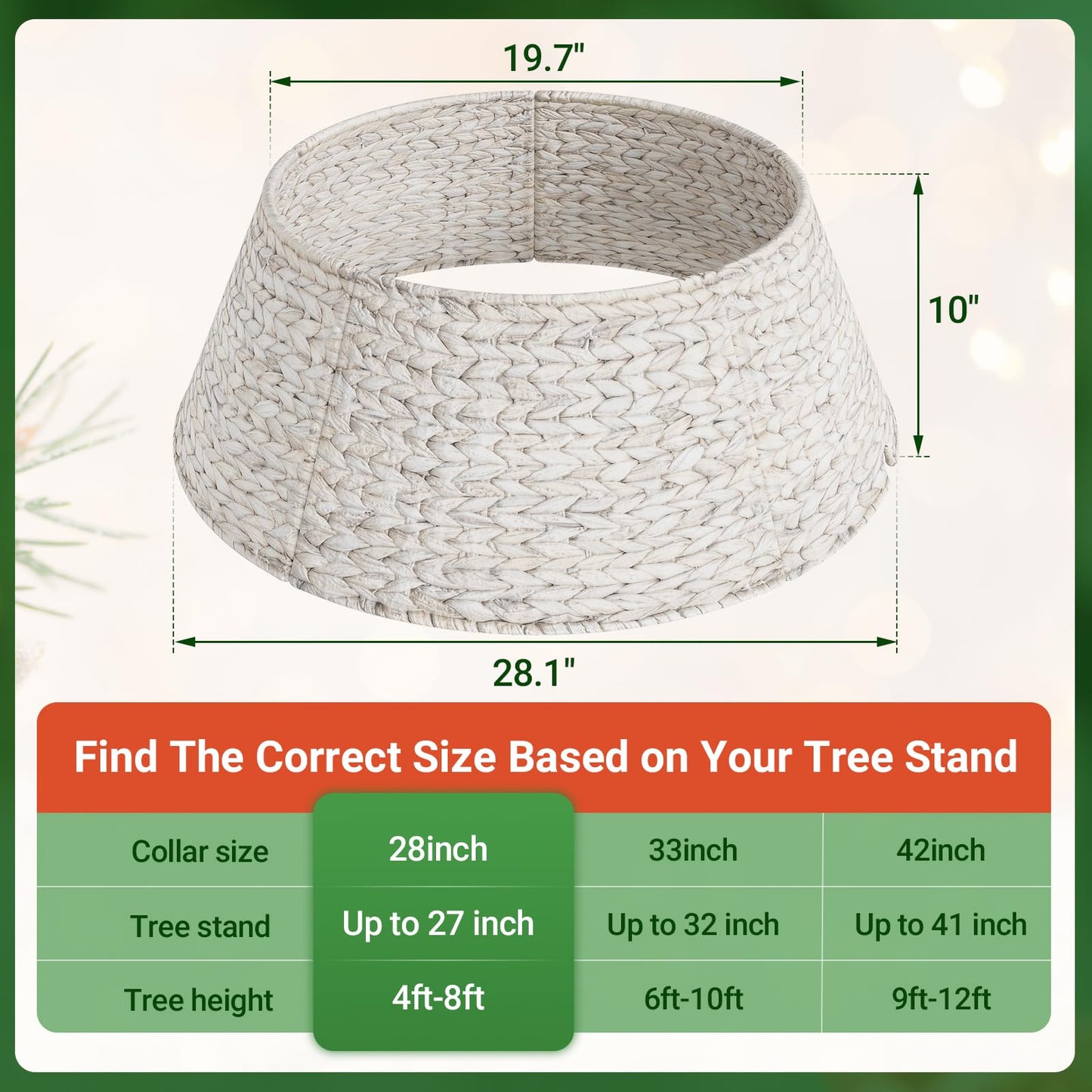ELYKEN 28-Inch Woven Rattan Christmas Tree Collar, Stylish Hyacinth 5-Piece Tree Skirt for Artificial Trees, Wicker Tree Base Cover with Cord Cut-Out for Home Decor, Living Room Display, White Wash