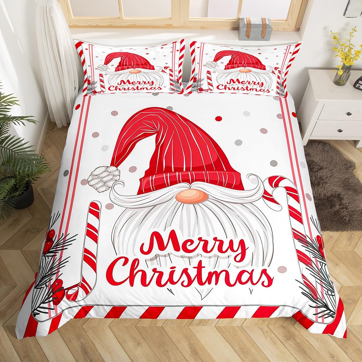 Feelyou Kids Merry Christmas Bedding Set Full Size Santa Claus Comforter Cover Set for Boys Girls Xmas Candy Cane Polka Dots Duvet Cover Happy New Year Bedspread Cover (No Comforter)