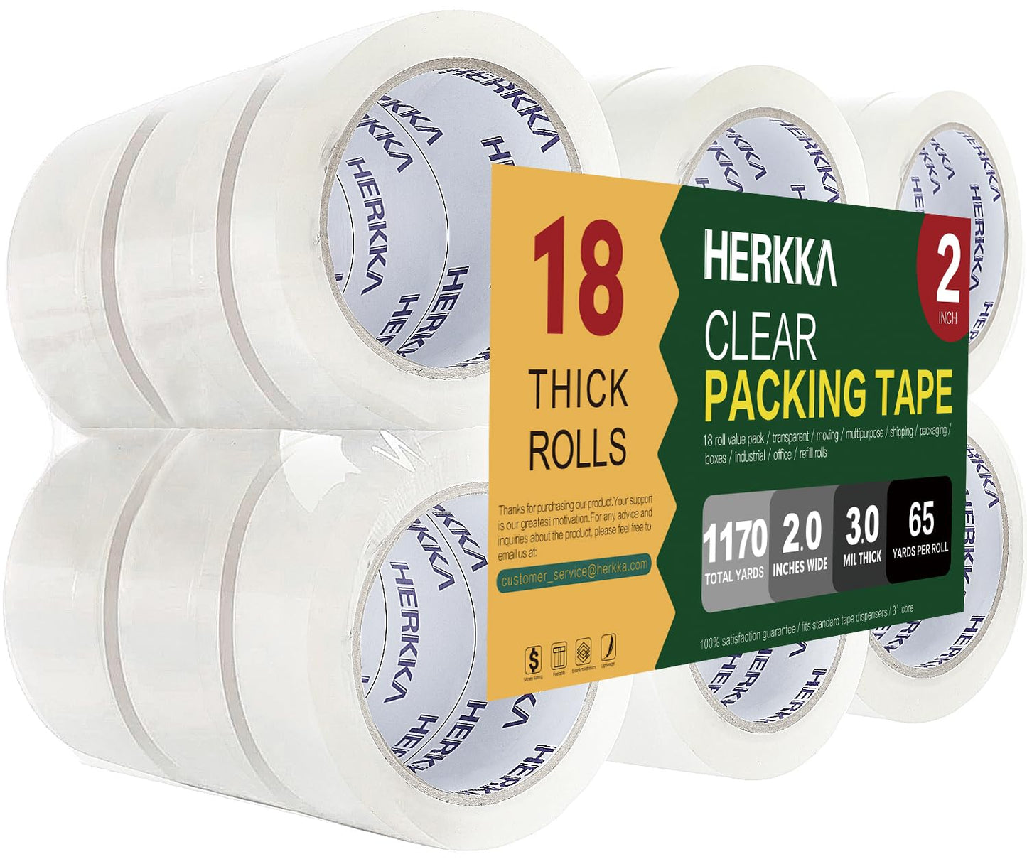 HERKKA Clear Packing Tape, 18 Rolls Heavy Duty Packaging Tape for Shipping Packaging Moving Sealing, 3Mil Thick Clear Packing Tape, 2 inches Wide, 65 Yards Per Roll, 1170 Total Yards