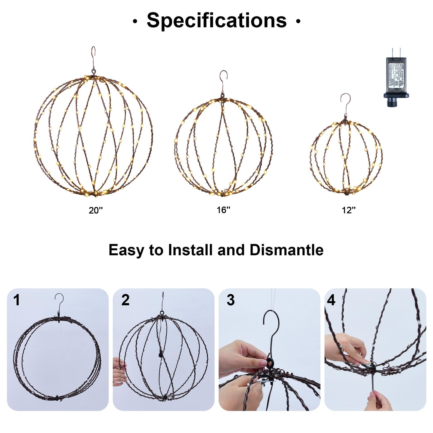 LIGHTSHARE 248LED 12IN+16IN+20IN Light Ball Yard Decoration Pathway Lights Brown Sphere Light Fold Flat Metal Frame Indoor Outdoor Waterproof Garden Lights, Plug in(Set of 3)