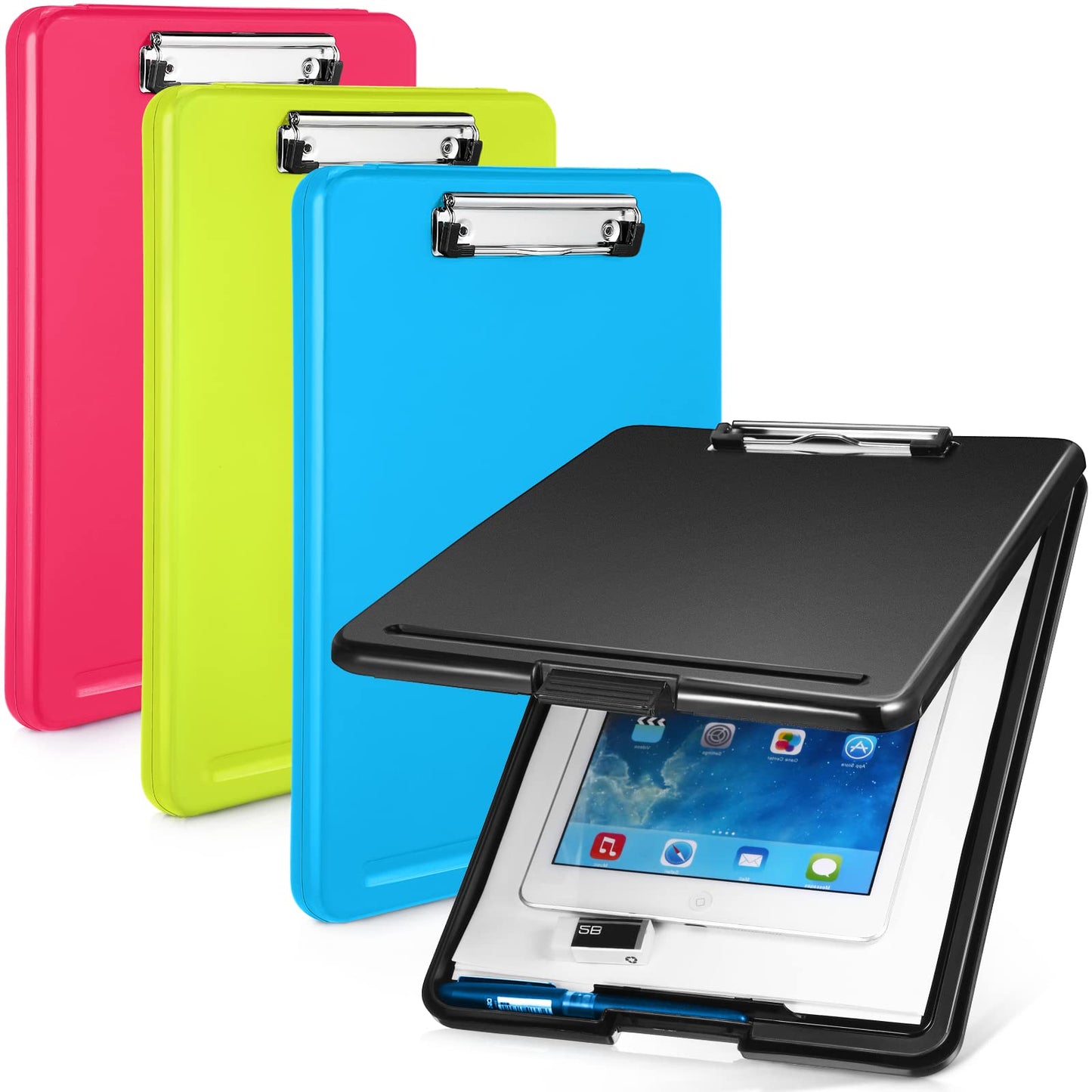 4 Pieces Clipboard with Storage Plastic Storage Clipboard Nursing Foldable Clip Board with Low Profile Clip for Student Teacher Nurse Employee, 9. 5 x 13. 5 Inch (Black, Blue, Green, Rose Red)
