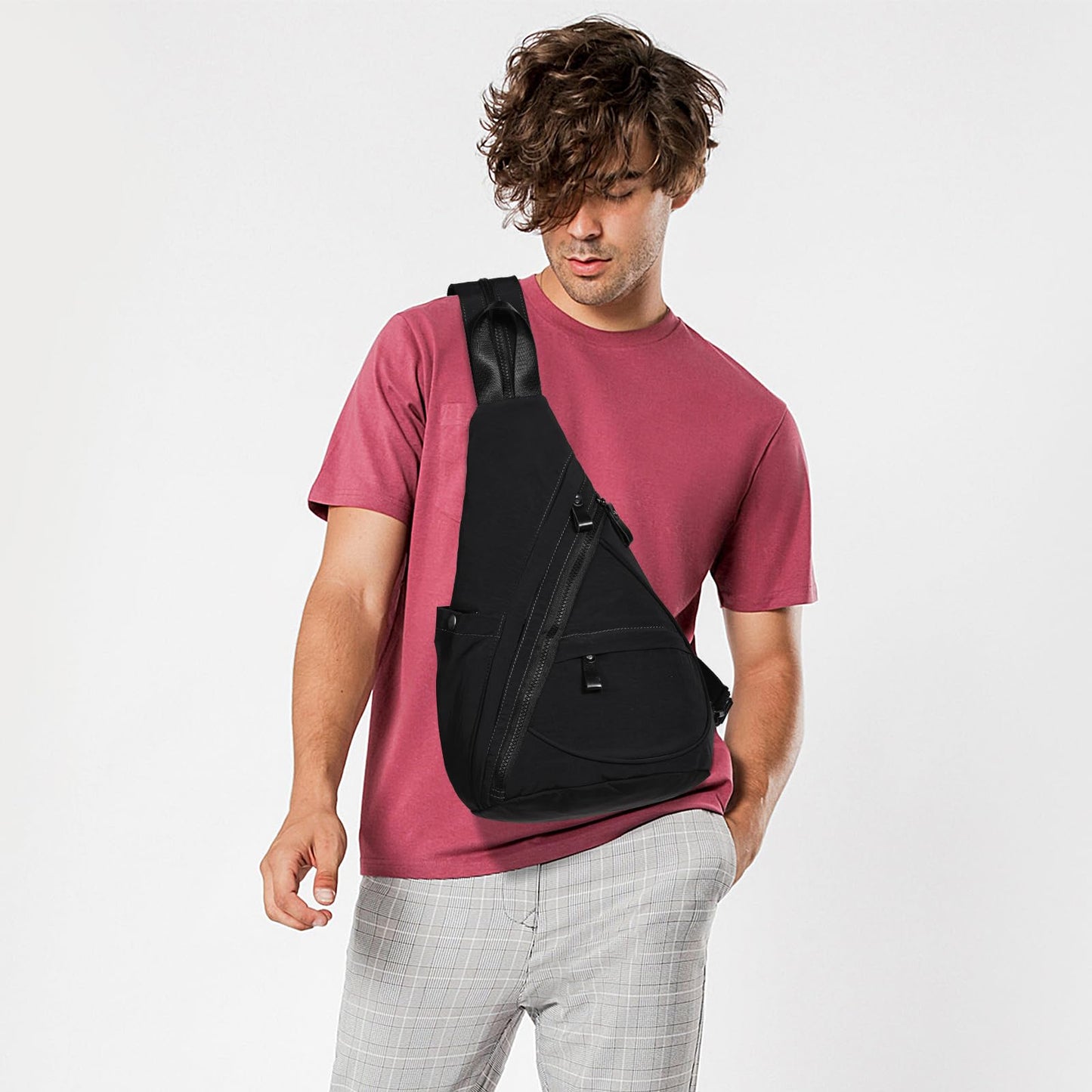 KL928 Crossbody Sling Backpack Nylon Cross Body Bag Travel Hiking Shoulder Bags Daypack Rucksack Unisex (Black)