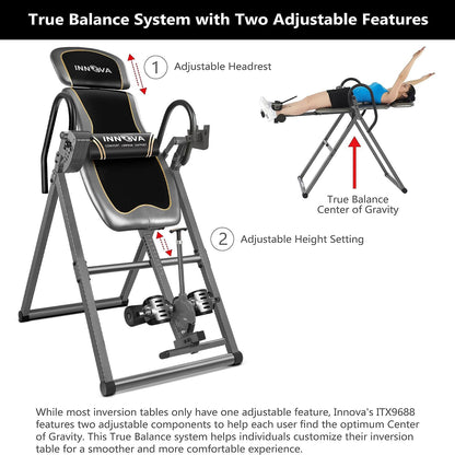 Innova Health and Fitness Inversion Table with Adjustable Headrest, Reversible Ankle Holders, and 300 lb Weight Capacity - Premium A
