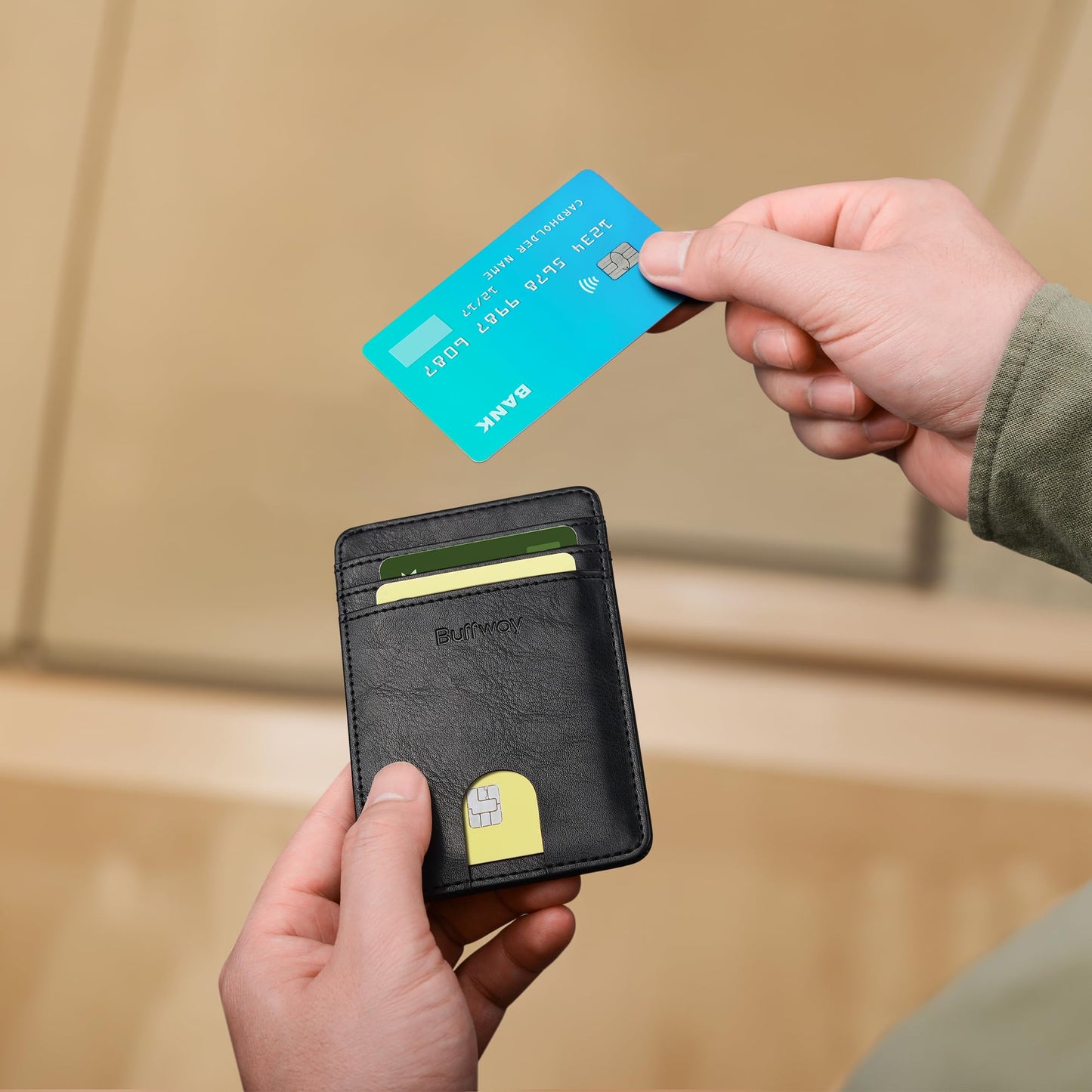 Buffway Mens Slim Wallet, Minimalist Thin Front Pocket Leather Credit Card Holder with RFID Blocking for Work Travel - Slate Black