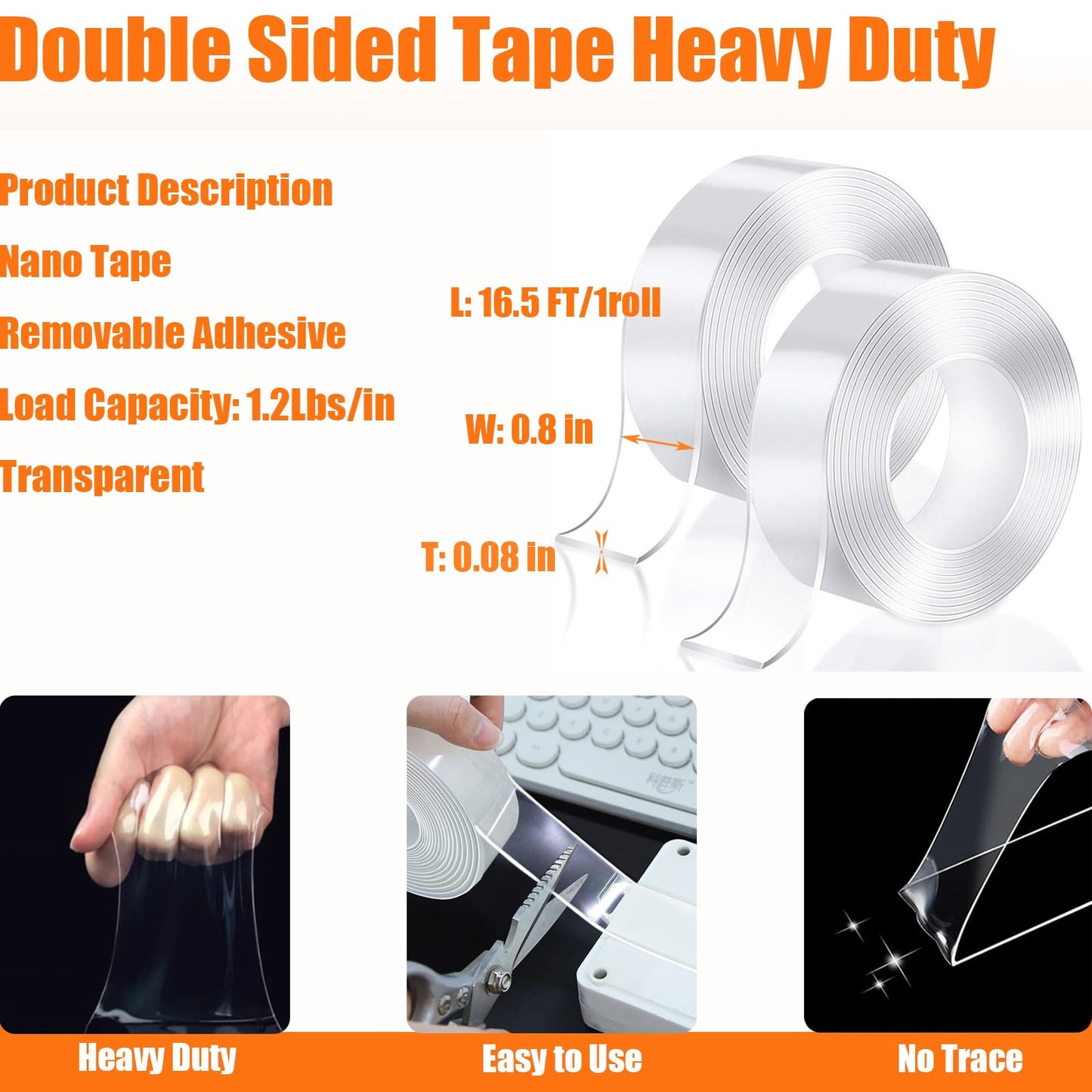 MPresh Double Sided Tape Heavy Duty (2 Rolls Total 33 ft), Strong Clear Sticky Tack Mounting Tape, Removable Nano Adhesive Tape for Wall, Home, Office, Picture Hanging, Poster, Rug Fixing Strips