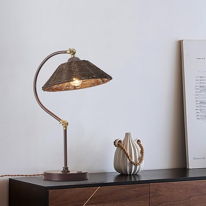 Woven Rattan Bedside Table Lamp for Bedroom, Boho Plug in Handmade Rattan Shade & Anti-Rust Iron Base Desk Lamp, Plug & Play Vintage Dark Brown Nightstand Lamp for Living Room, Office 【Bulb Included】