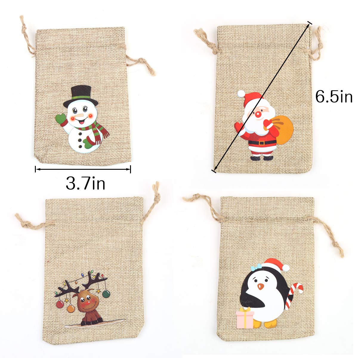 CCINEE 36pc Christmas Linen Bags with Drawstrings Christmas Burlap Goody Gift Bags with Double Jute Drawstrings, 4 designs Snowman, Santa Claus, Penguin and Reindeer