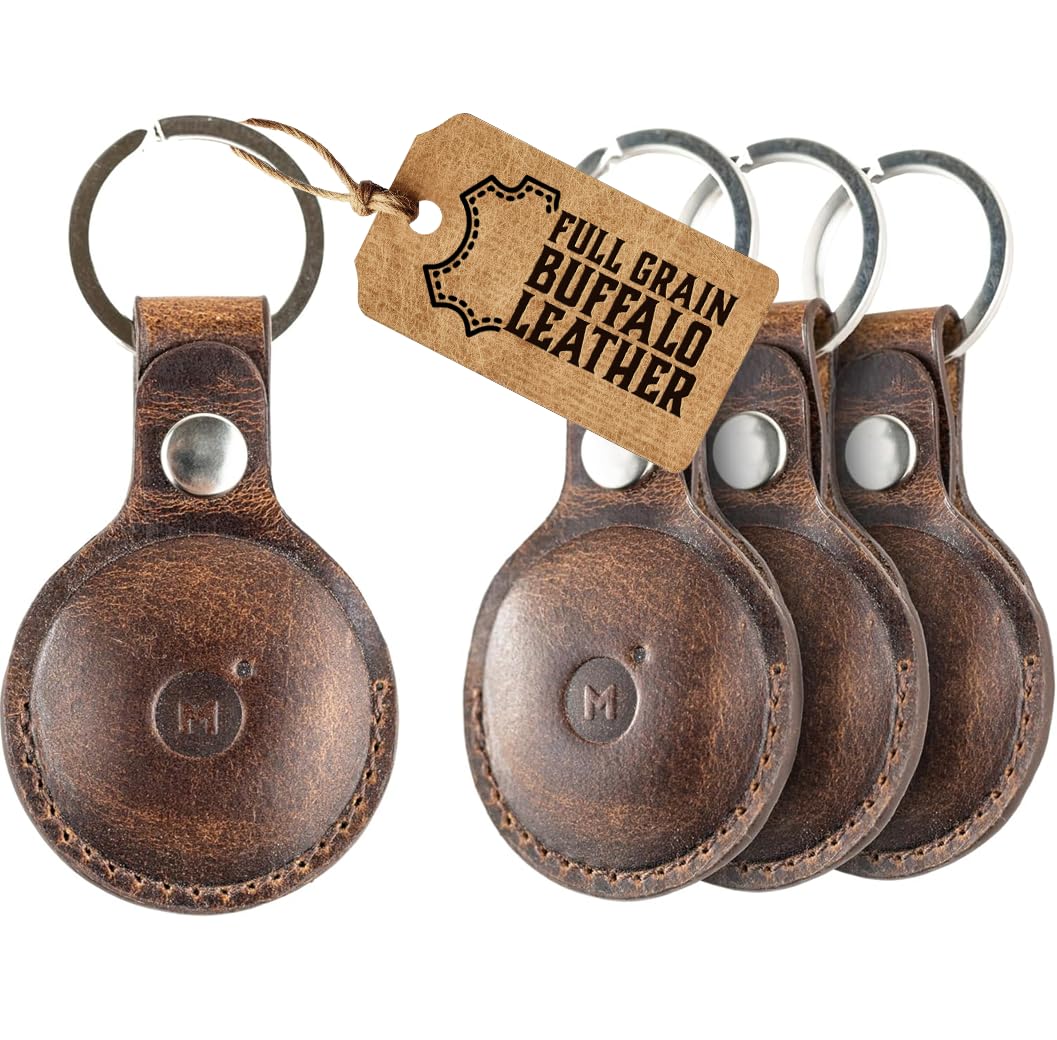 moonster Genuine Leather AirTag Keychain Holder for Apple Air Tag, Full-Grain Buffalo Leather AirTag Holder with Key Ring, Reinforced Stitching and Snap Closure (4 Pack)